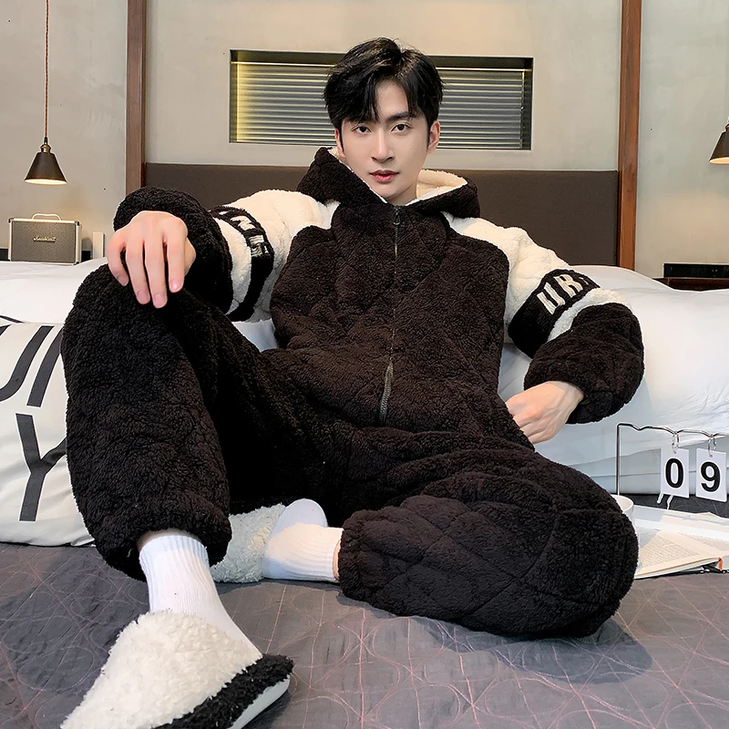 爸爸睡衣珊瑚绒三层夹棉男士加厚加绒冬季保暖家居服男士居家服