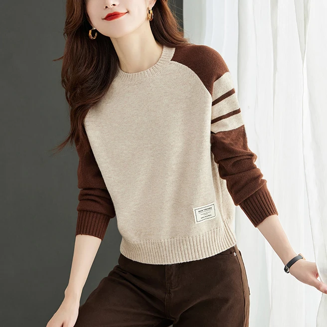 时尚洋气小个子毛衣女秋冬圆领拼色针织衫上衣短款宽松打底衫百搭