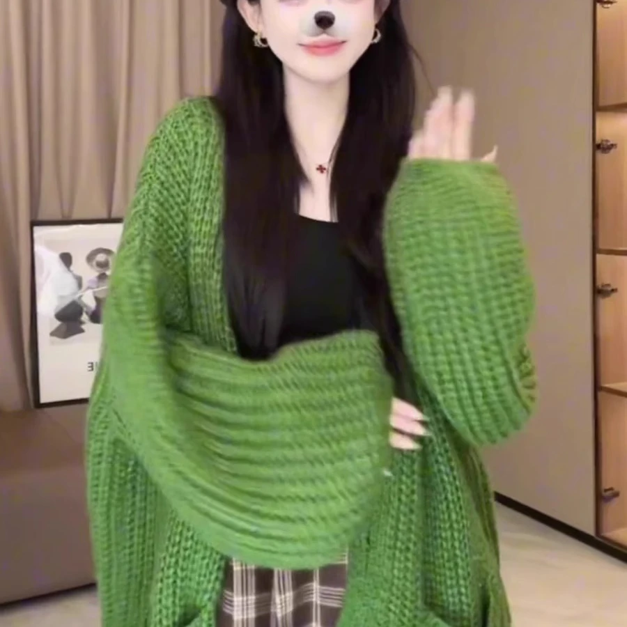 森系绿色粗毛线毛衣开衫女秋冬季大版宽松韩系慵懒风针织外套上衣