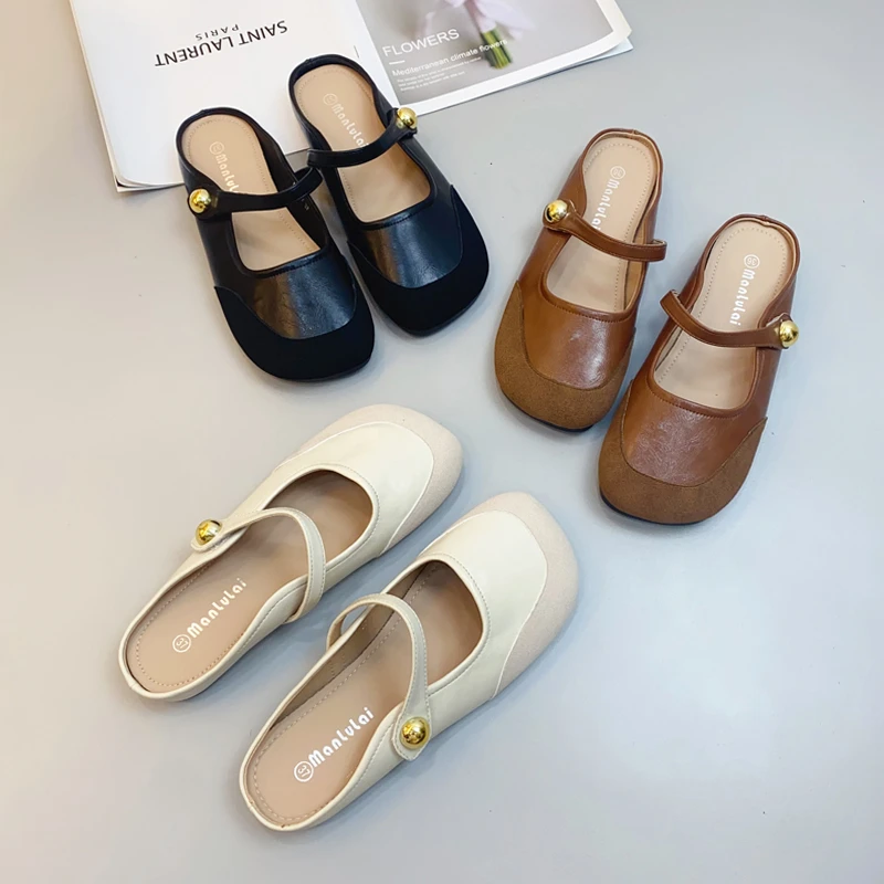 女鞋包头半拖鞋女夏外穿2024新款平底凉拖法式复古懒人鞋春夏方头