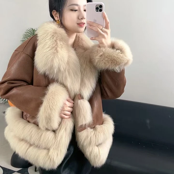 【笑燃儿】咖啡甜心氛围感狐狸毛领白鹅绒皮草保暖羽绒皮草外套