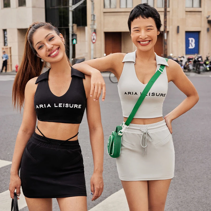 AriaLeisure夏工字背运动瑜伽背心女自带胸垫半身裙防走光套装