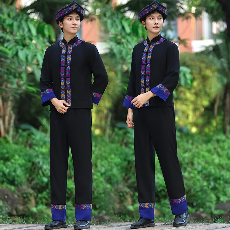 新款黑色壮族服装男传统民族服饰民族服舞蹈舞台表演服男士