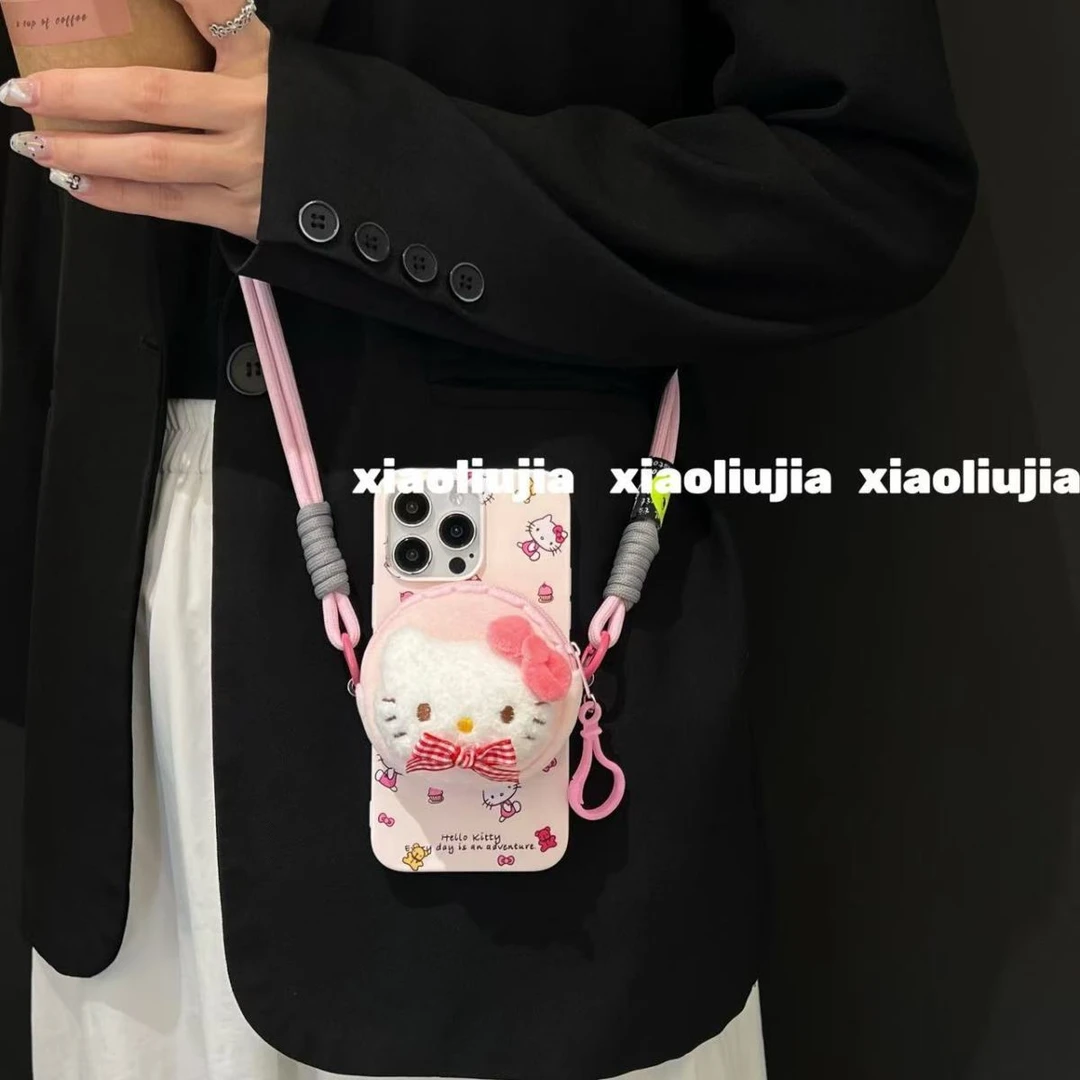 趣味少女粉kt零钱包背夹适用苹果16promax手机壳iPhone1514挂绳12