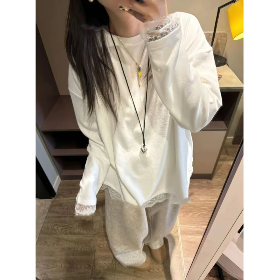 西西 加绒蕾丝大白上衣