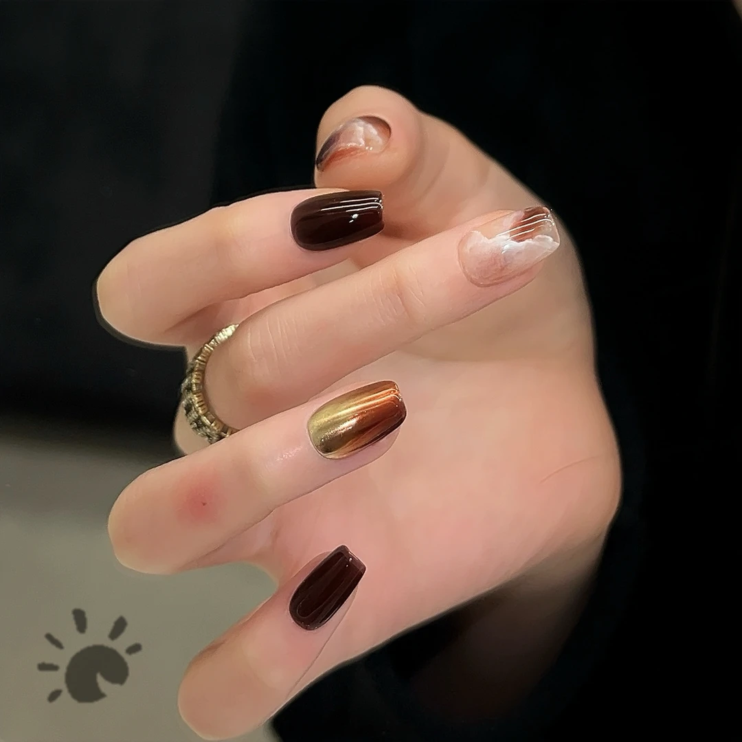 「锦绣」棕色琥珀晕染魔镜粉渐变秋冬显白气质复古高级纯手工穿戴甲