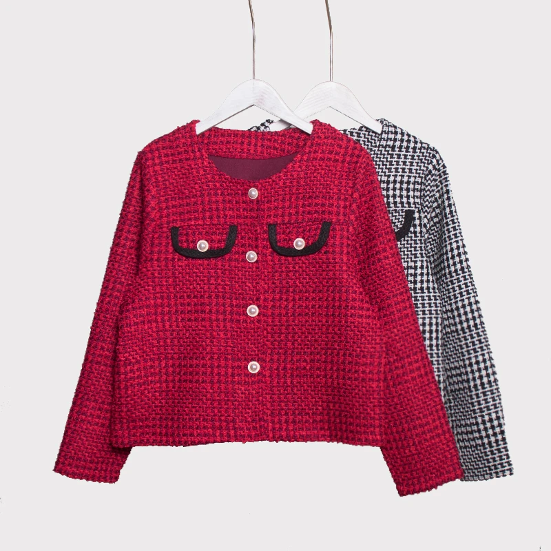 时尚千鸟格外搭外套纯色精致开衫小香风中短款显瘦百搭口袋4007