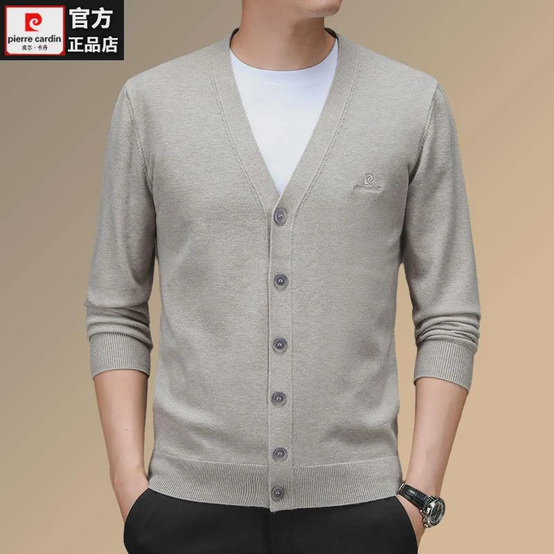 秋冬季皮尔卡丹V领开衫男针织衫中老年纯羊毛衫休闲外套外穿毛衣
