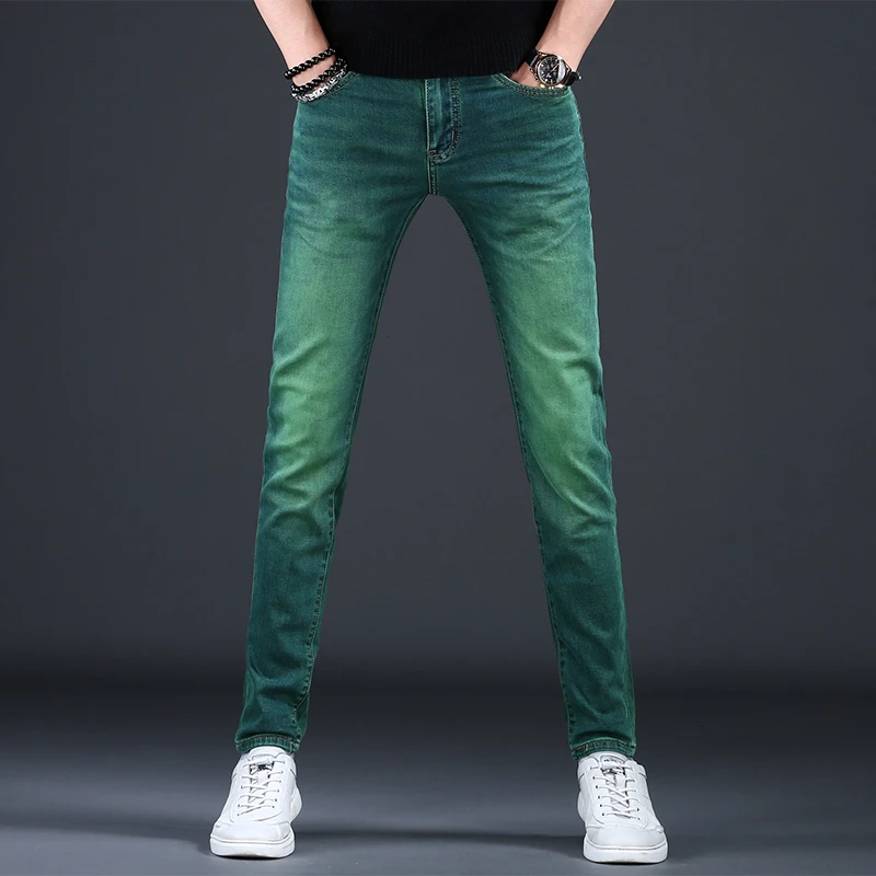 捷灵喀马男士夏季薄款修身小脚裤高端潮牌绿色牛仔裤百搭韩版男