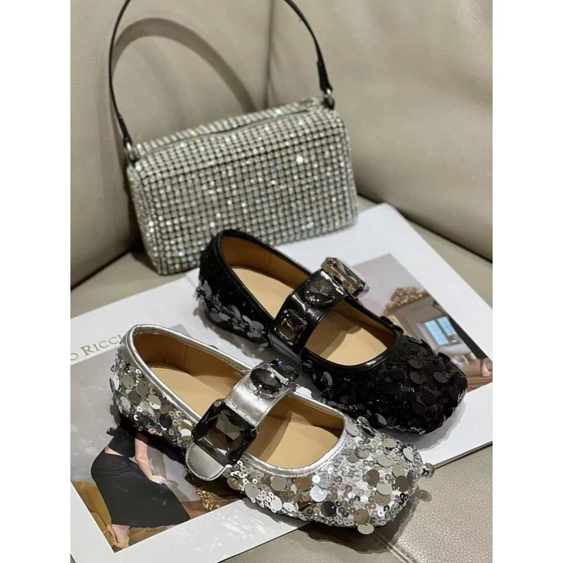 【唯品专属】9617-5夏季甜美闪闪亮片水钻一字带豆豆玛丽珍女单鞋