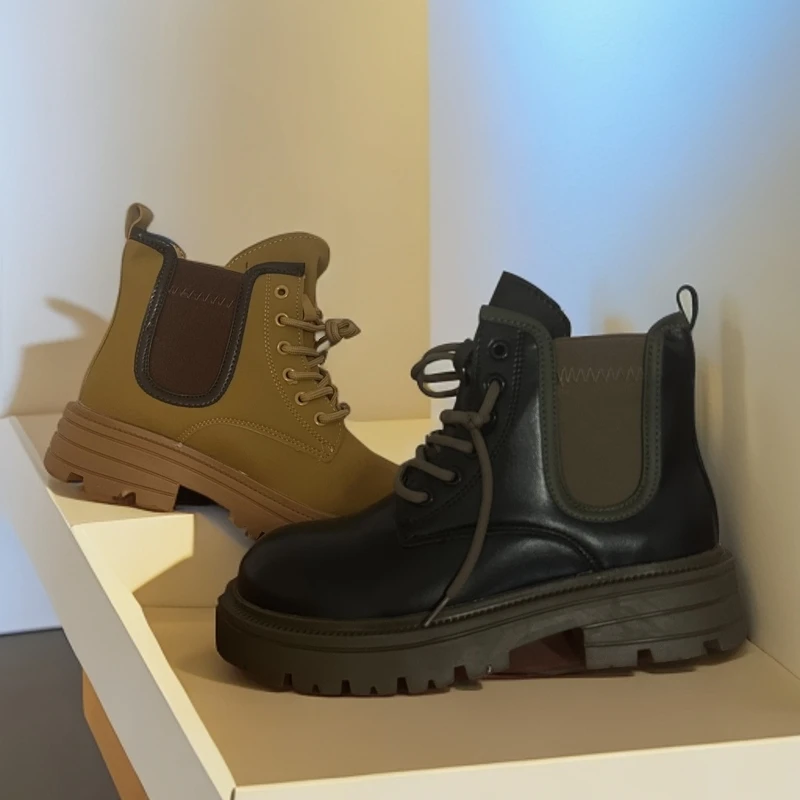 888-1 时尚英伦风短靴厚底马丁靴复古风增高气质短靴加薄绒款