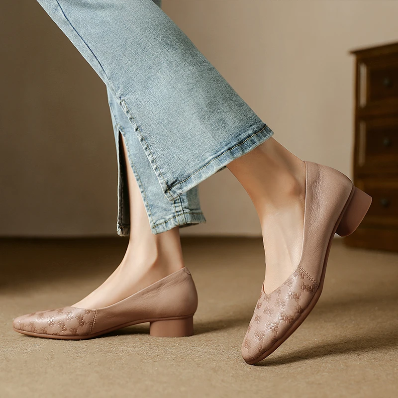 兔妮儿羊皮粗跟浅口圆头单鞋女软底不累脚百搭春秋款气质低跟女鞋