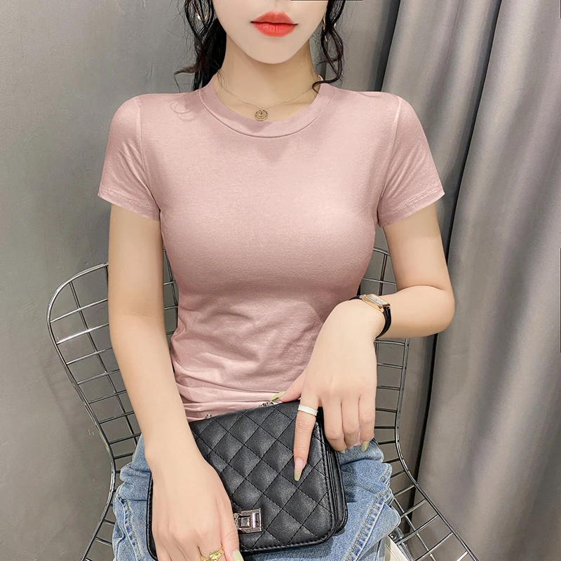 莫代尔短袖T恤女小高领修身皮粉色2025年春夏新款半高领紧身上衣