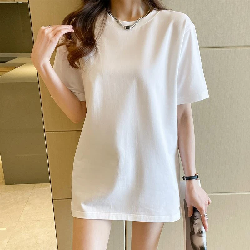 黑色长款t恤女短袖遮屁股中长款宽松棉纯色上衣大码装夏季ins圆领