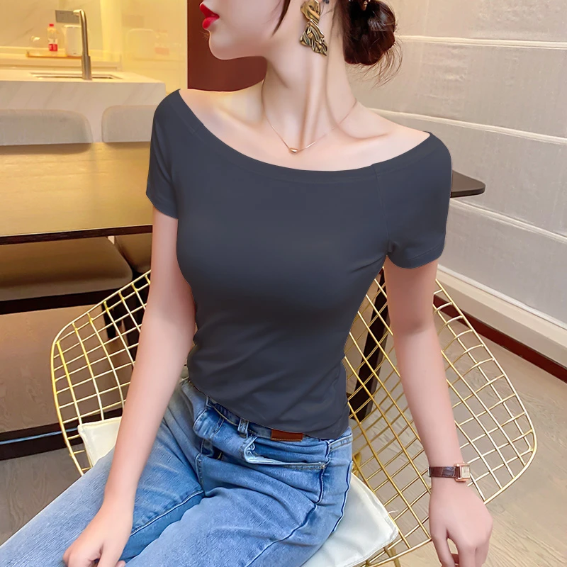 一字肩上衣女夏高端纯棉性感露锁骨短袖T恤女优雅修身显瘦露肩T恤