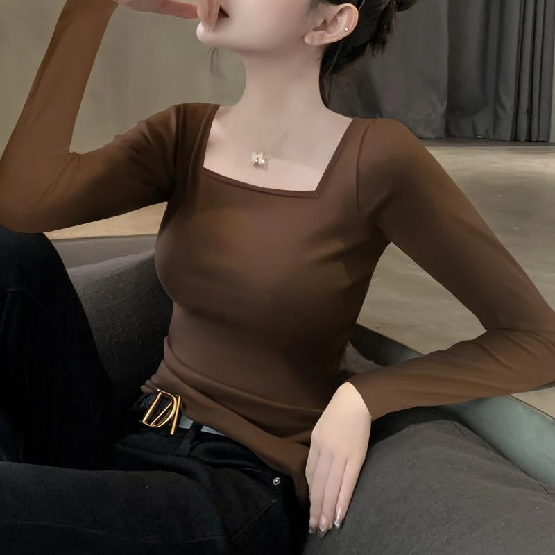 莫代尔打底衫内搭长袖早秋新款方领上衣修身薄款修身百搭正肩t恤