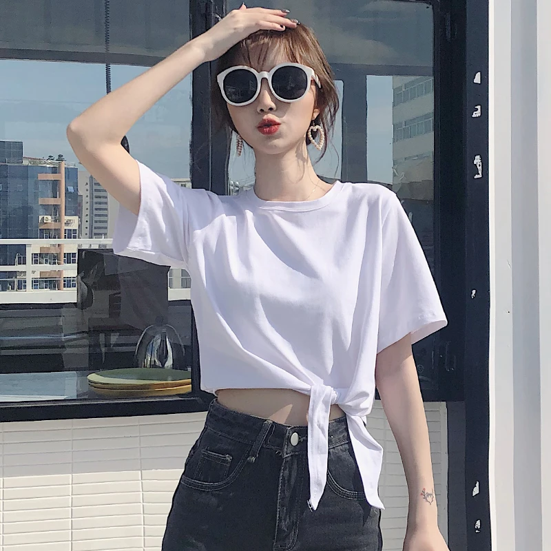 白色短款上衣女装夏季高腰打结t恤短袖圆领不规则蝴蝶结设计感ins