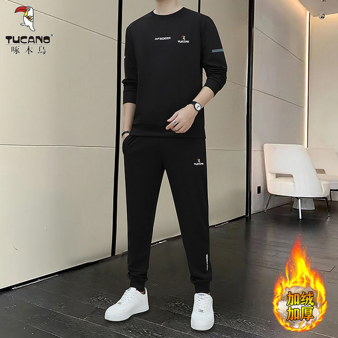 啄木鸟男士休闲运动套装男春秋冬季新款加绒长裤卫衣运动服两件套