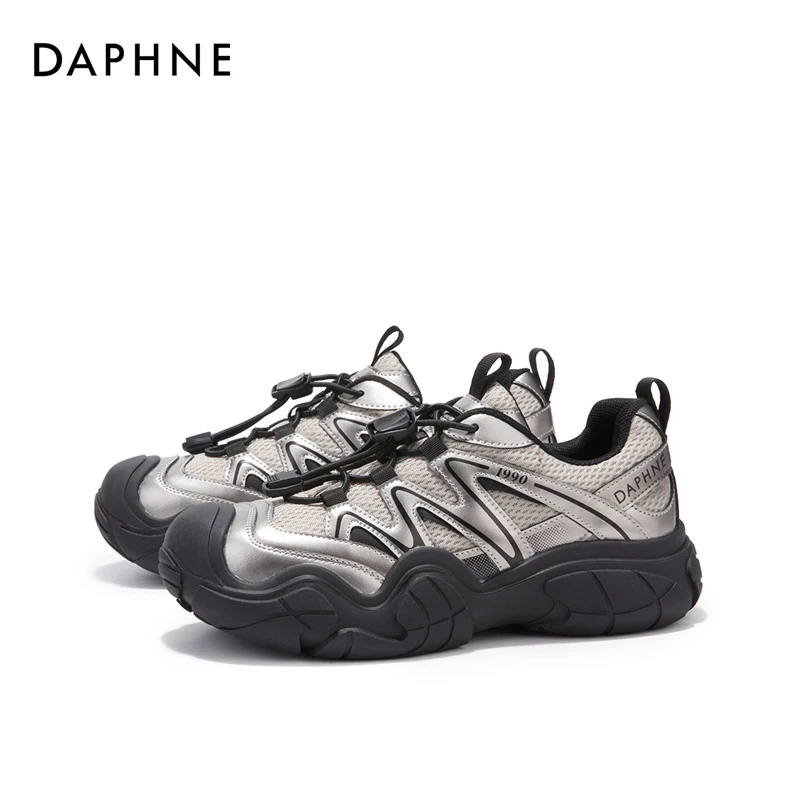 达芙妮女士百搭秋季透气舒适圆头厚底潮流网面系带时尚休闲运动鞋