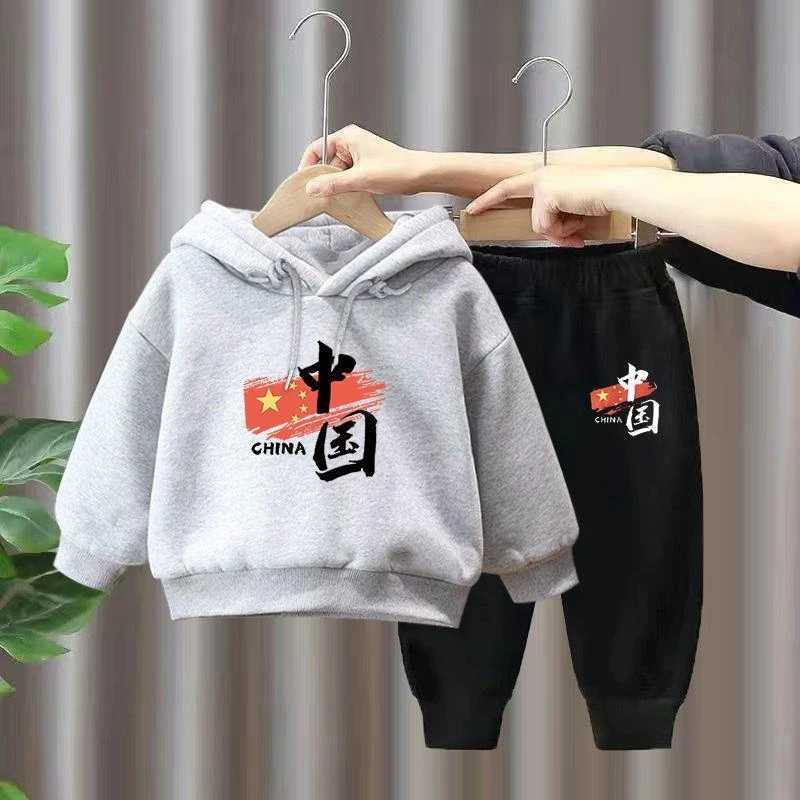 连帽儿童加绒卫衣套装冬季新年喜庆男女童中大童加厚衣服裤子D51