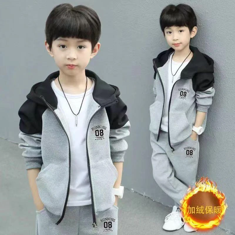 男童秋冬款套装加绒新款春秋季中大儿童拉链带帽外套运动帅两D32