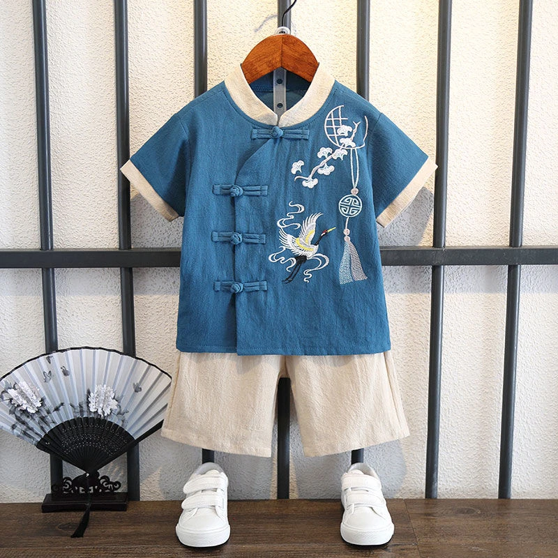 【冬款上新】男童夏季汉服套装儿童薄款中国风唐装宝宝棉麻表演服