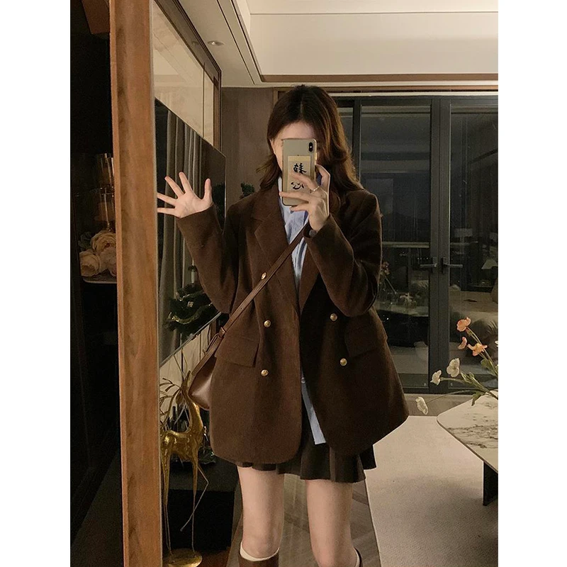 2024秋冬新款西装外套女大码显廋网红休闲时尚宽松夹棉灯芯绒西服