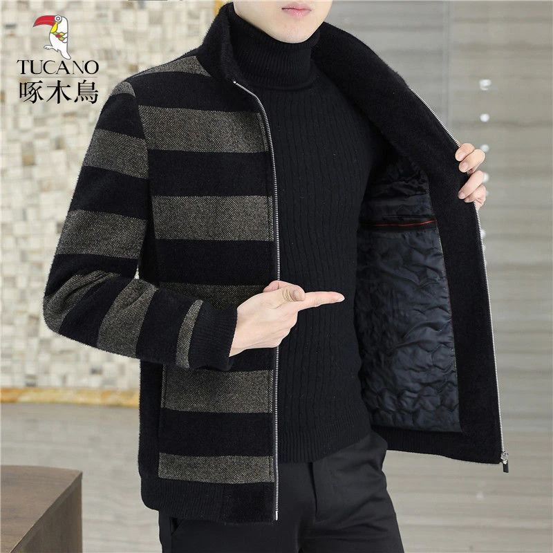 啄木鸟秋冬仿貂男士外套休闲翻领夹克男装冬装毛呢大衣短款加绒