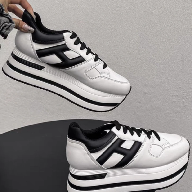 杨幂明星同款2025秋季厚底百搭时尚拼色系带潮鞋女休闲鞋松糕鞋