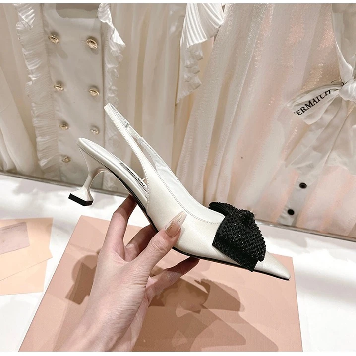 网红性感百搭高跟鞋气质单鞋时尚夏季细跟法式尖头黑色蝴蝶结凉鞋