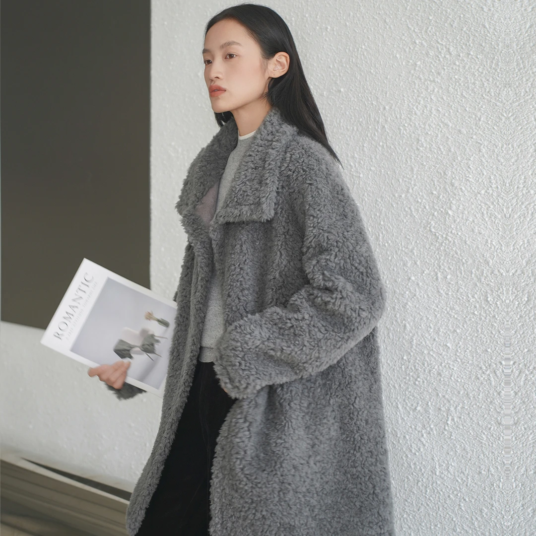 COVERINS时尚百搭冬季休闲廓形灰色立领颗粒绵羊毛外套CC34510140