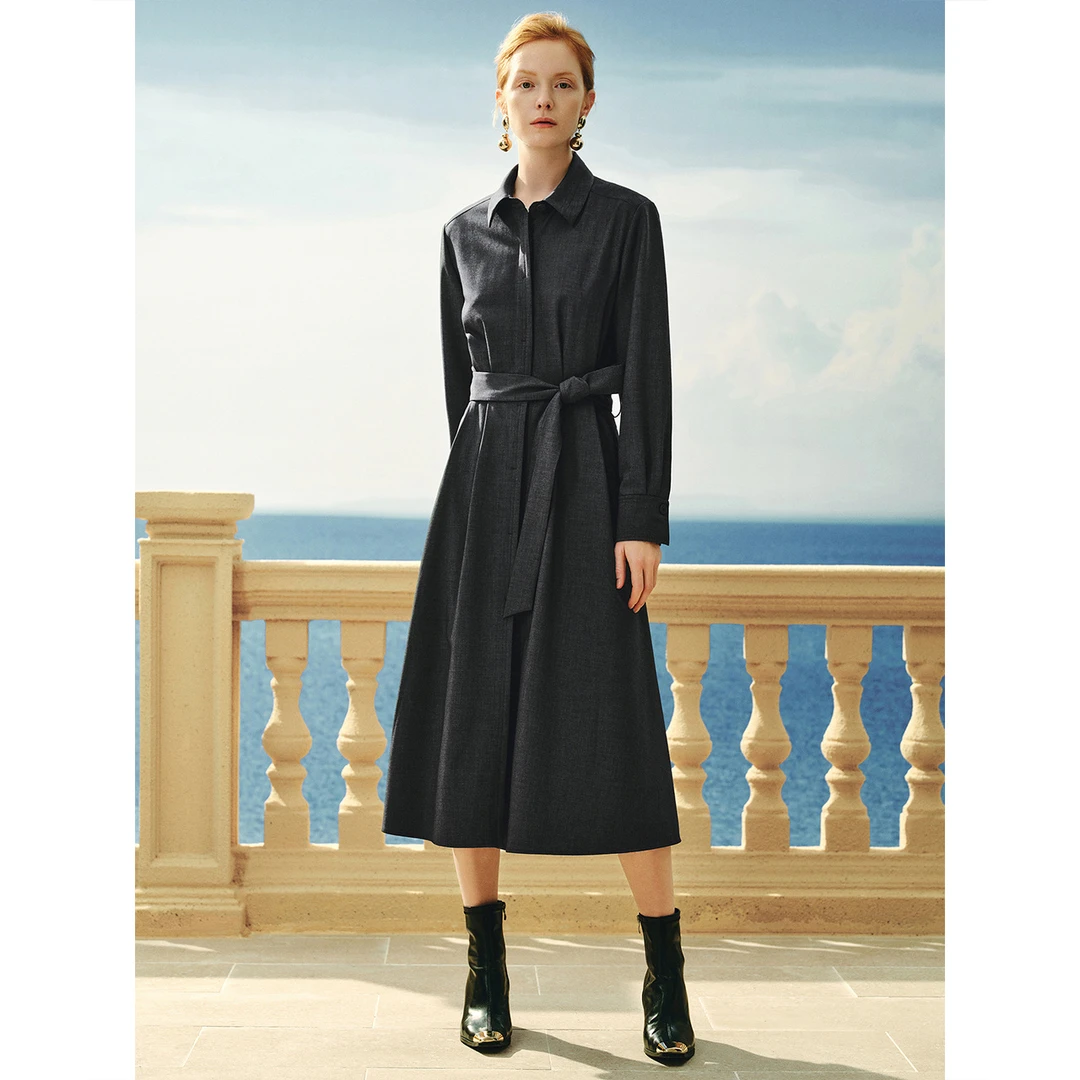 INSUN恩裳春款时尚衬衫领a字大裙摆气质连衣裙9C64105090