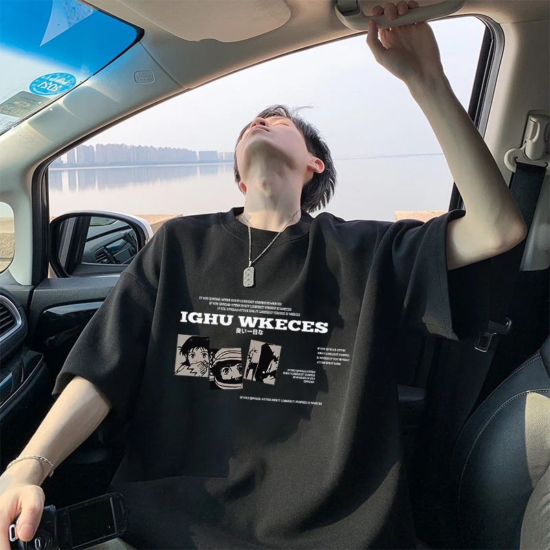 美式潮牌情侣夏季重磅短袖T恤男士大码宽松港风印花圆领百搭半袖