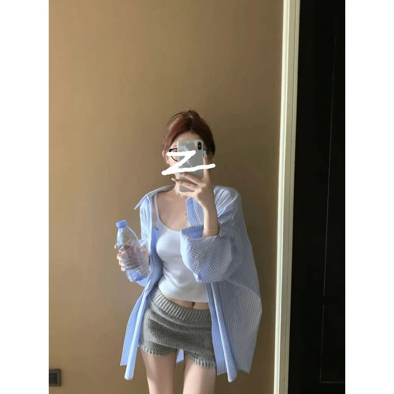 条纹衬衫外套女夏2024新款设计感夏季宽松慵懒时尚中长款开衫上衣