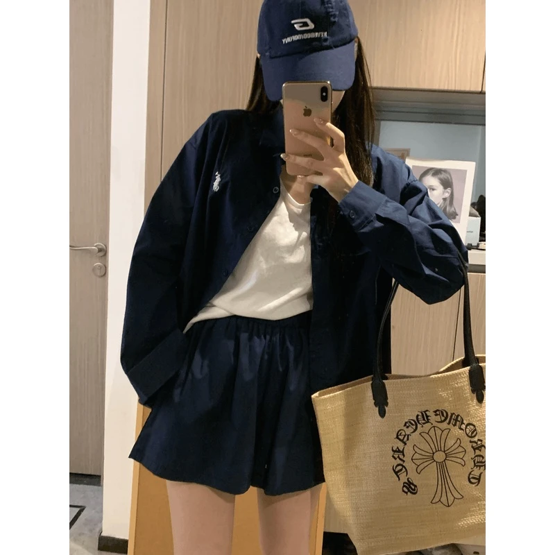 小马刺绣套装 时尚设计感显瘦衬衫夏季百搭宽松长袖上衣薄款韩版