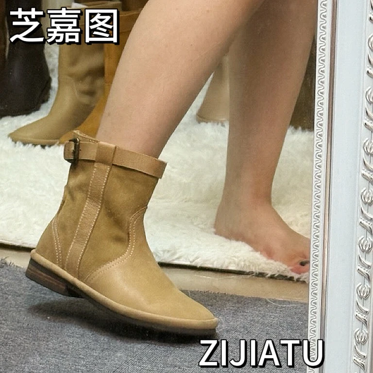 外贸严选复古圆头西部牛仔靴女靴手工真皮短靴秋冬短靴时尚百搭