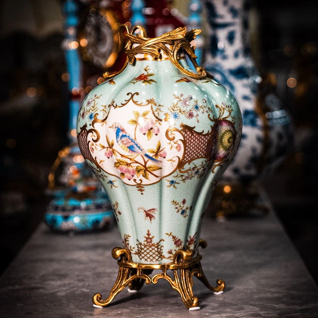 铜配瓷手绘花器回流冰裂纹中古豪奢黄铜摆件vintage轻奢高档复古
