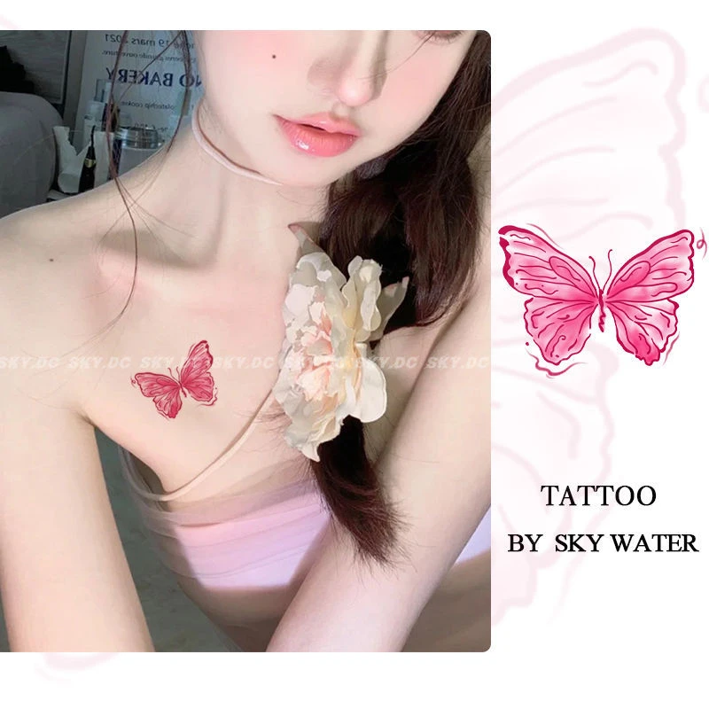 甜酷辣妹蝴蝶纹身贴 粉色油画手绘ins可爱手臂锁骨小清新贴纸贴画