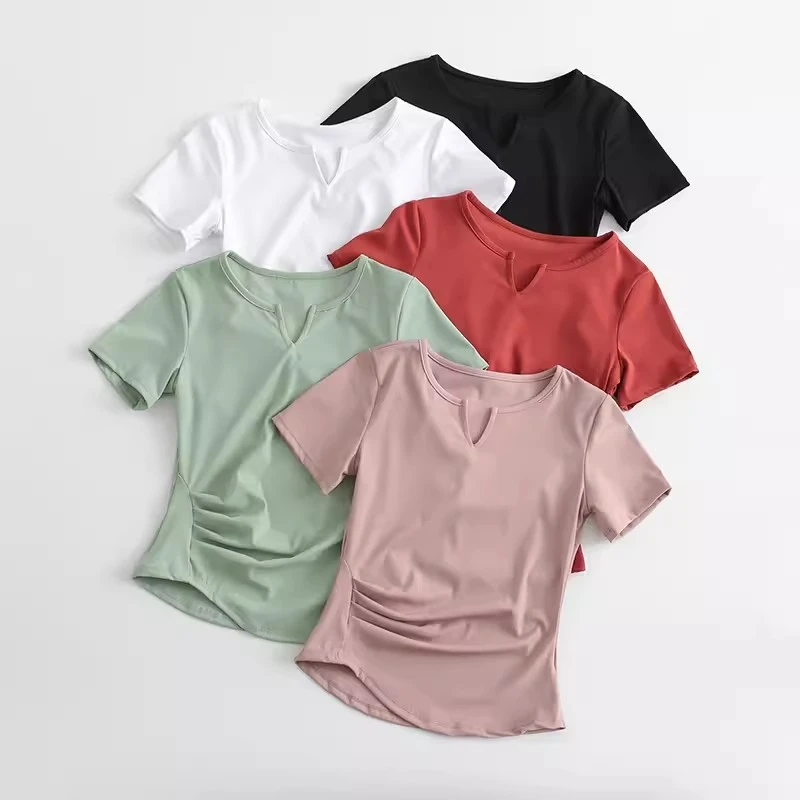 运动上衣女V领短款紧身性感T恤修身显瘦健身服网红速干衣瑜伽服