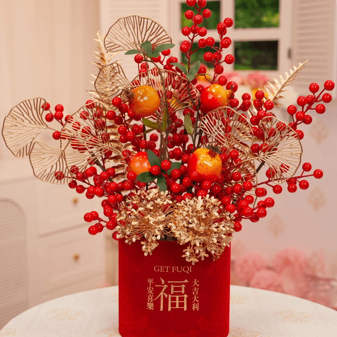 新中式仿真红浆果石榴插花福桶喜庆年宵家居高档新房玄关摆件