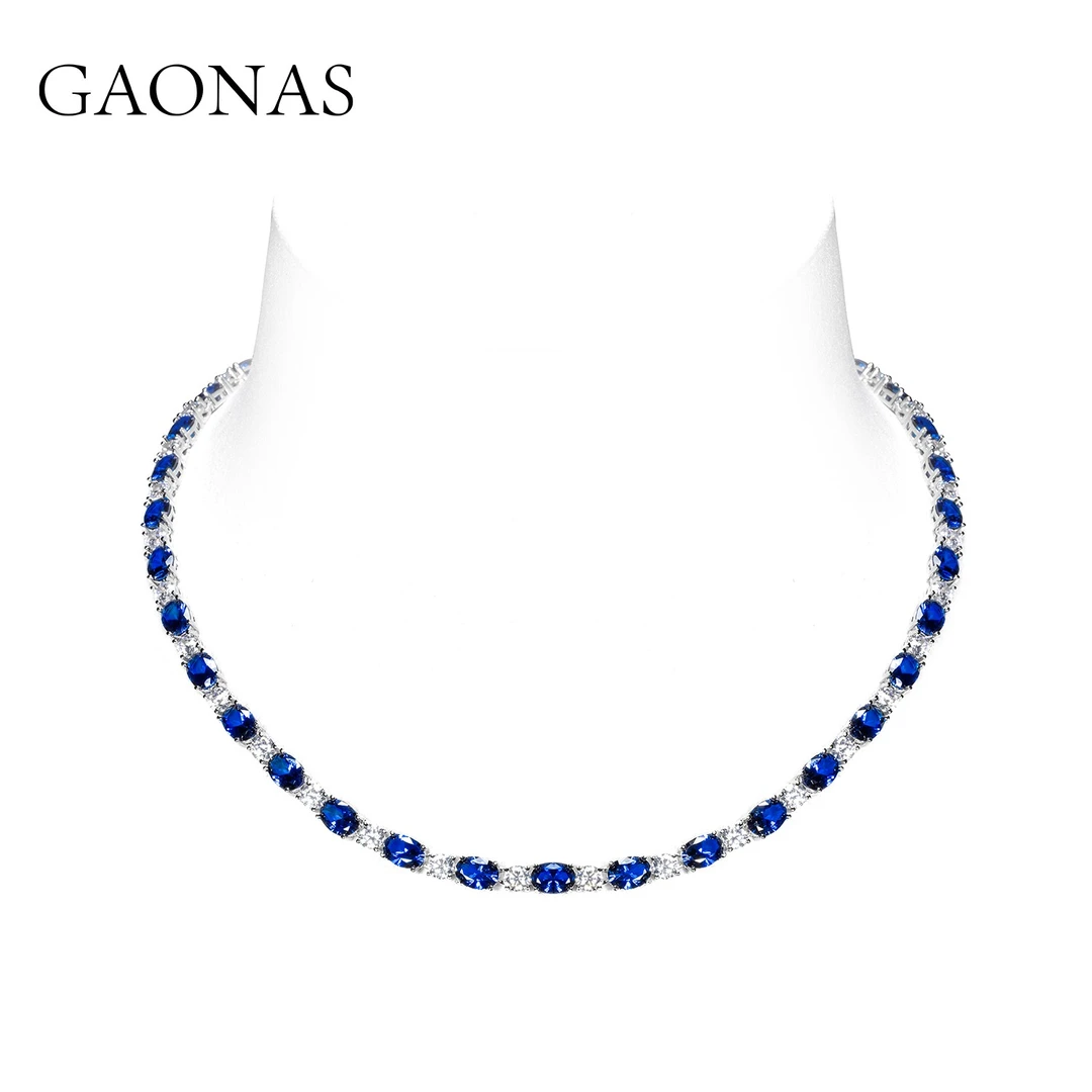 GAONAS 坠链均925银合成锆石 经典简约 蓝色颈链 BX35266