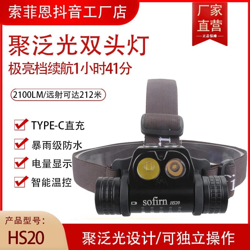 索菲恩HS20强光户外露营LED头戴式夜钓钓鱼照明头灯聚光泛光功能