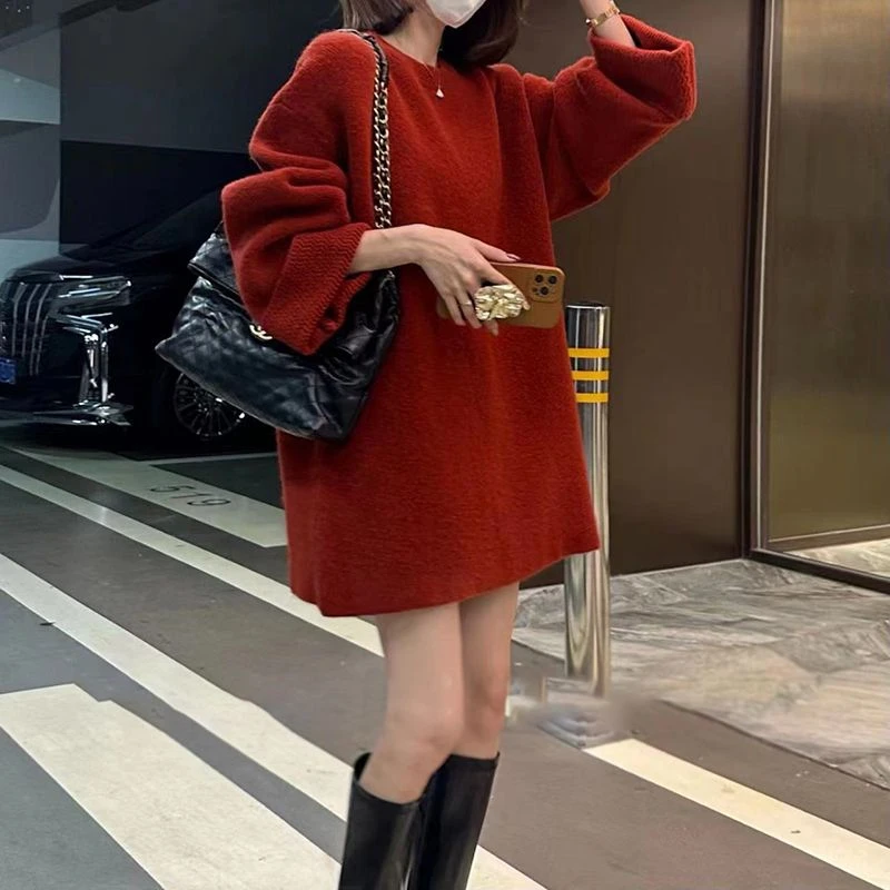 尚慵懒风高级感红色加厚套头毛衣女秋冬温柔宽松百搭中长款针织上