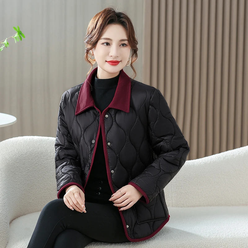 菱格2024冬季翻领新款加厚拼色棉服长袖保暖女士休闲大码棉袄