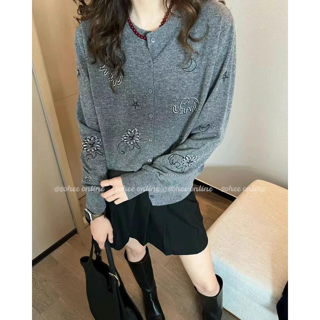 【100%全羊毛】重工卡通动物刺绣圆领针织开衫秋装新款羊毛毛衣外套