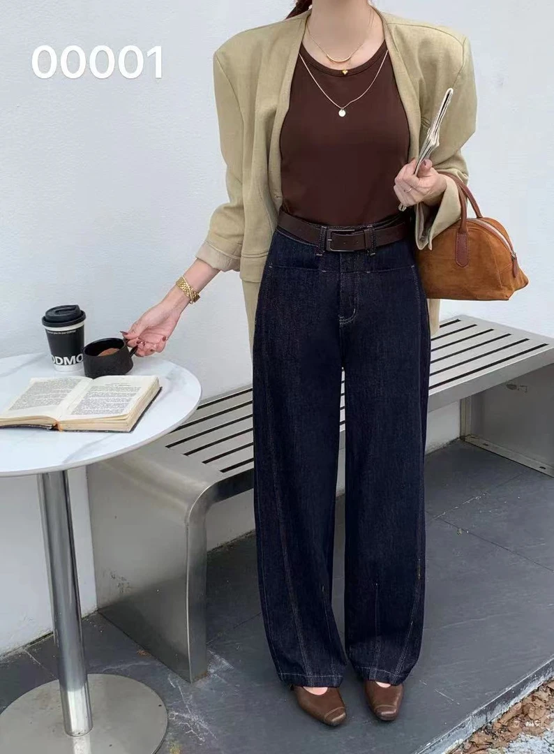0001 日晒棕色明线设计宽松美式阔腿弯刀裤