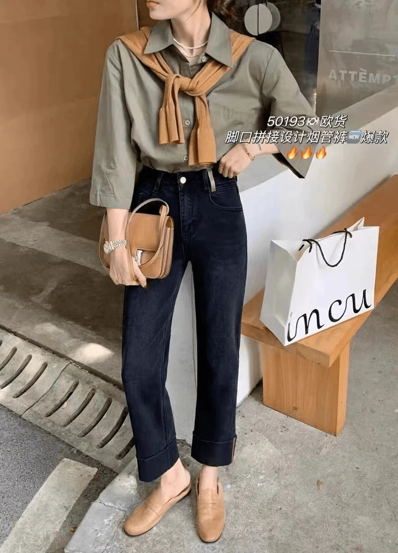 50193 脚口拼接设计烟管裤