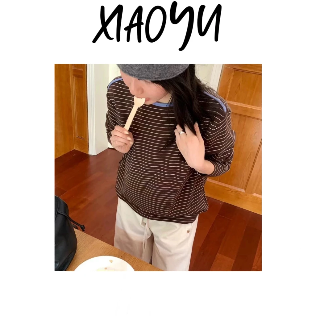 【蛋撞色领条纹T】S订单款撞色领经典条纹宽松打底衫磨毛24502