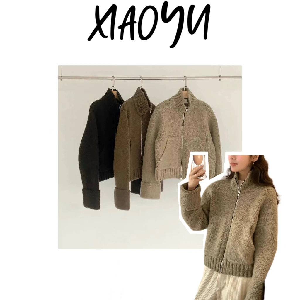 2715【蛋挽边拉链毛衣】S韩单eg立领挽边羊毛毛衣外套保暖显瘦长袖