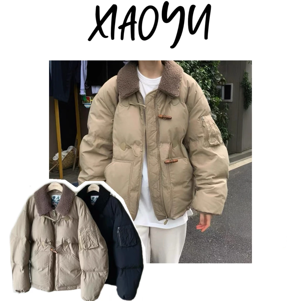 【保暖到底】S韩单self se*ice简约翻领毛领牛角扣羽绒外套保暖